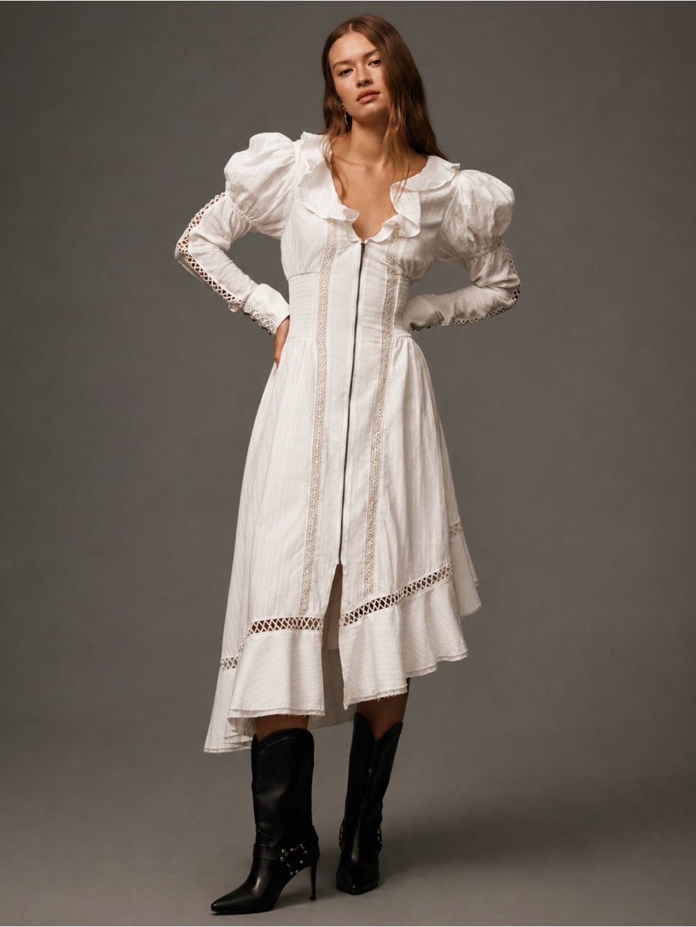 Pilcro Asymmetrical Ruffled V-Neck Midi Dress sz M Cottagecore Victorian Prairie